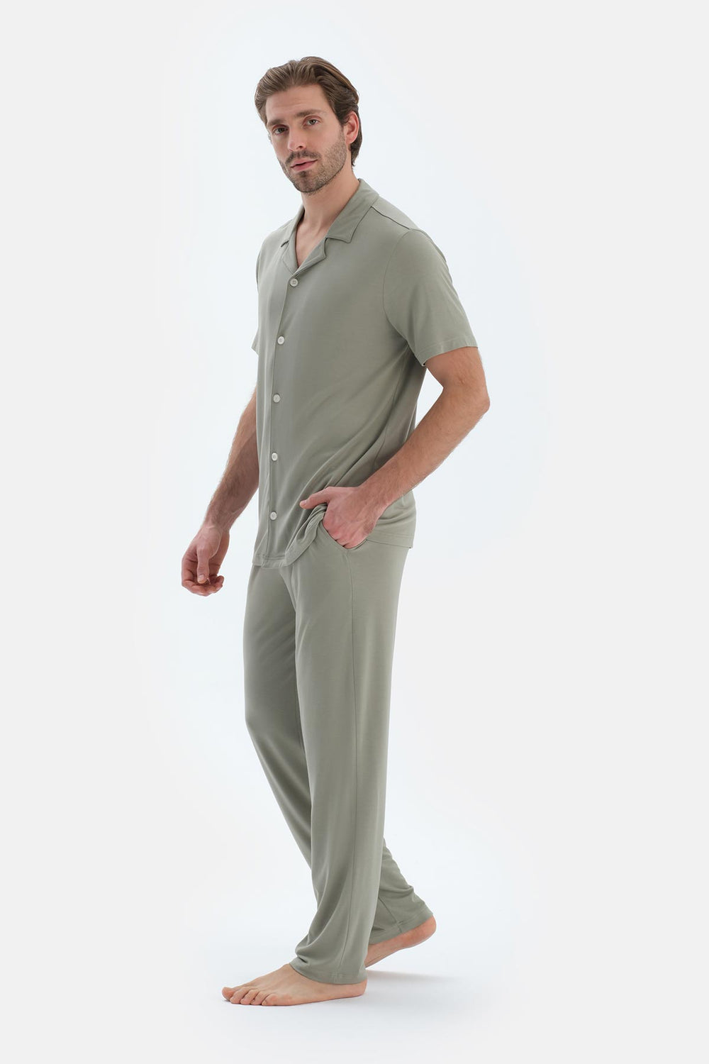 Bej Kısa Kollu Basıc Gömlek Pantolon Pijama Takımı