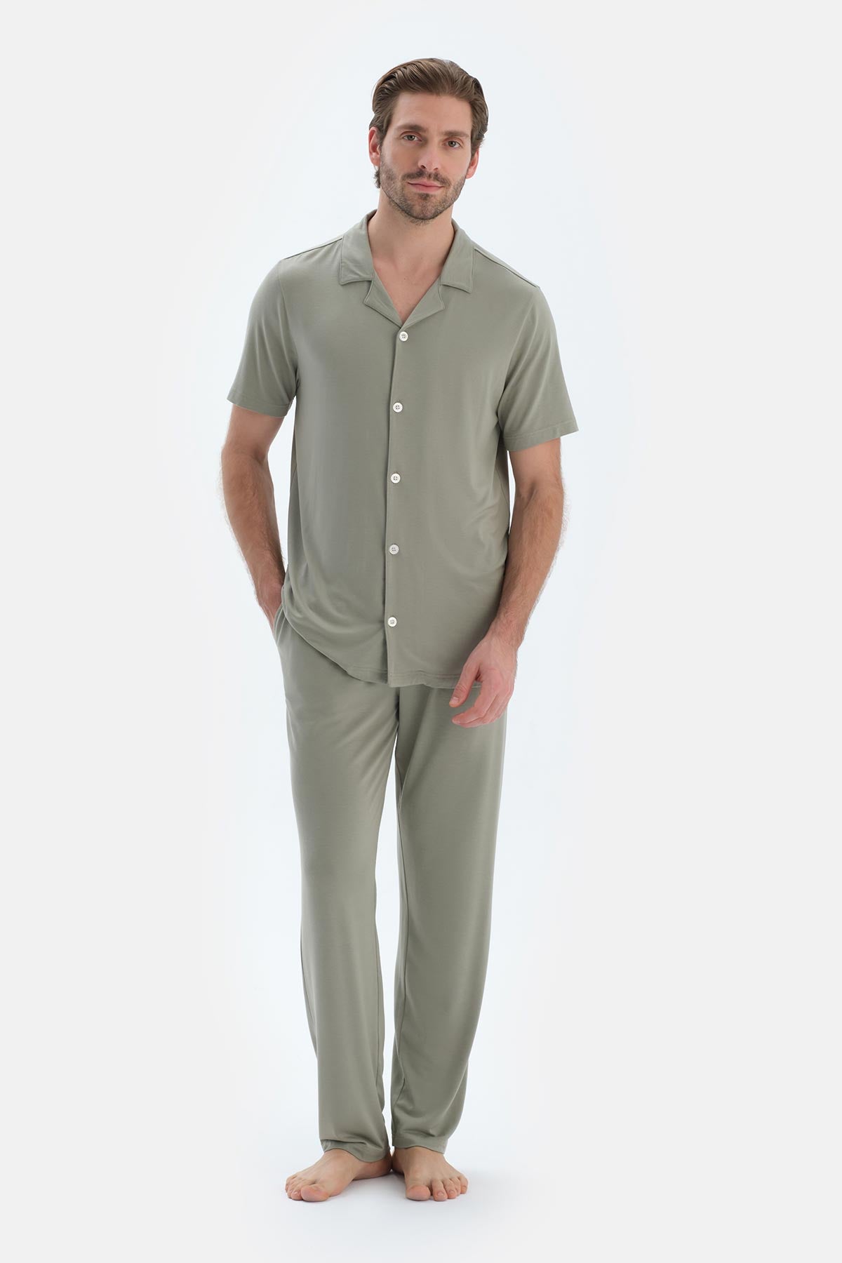 Bej Kısa Kollu Basıc Gömlek Pantolon Pijama Takımı