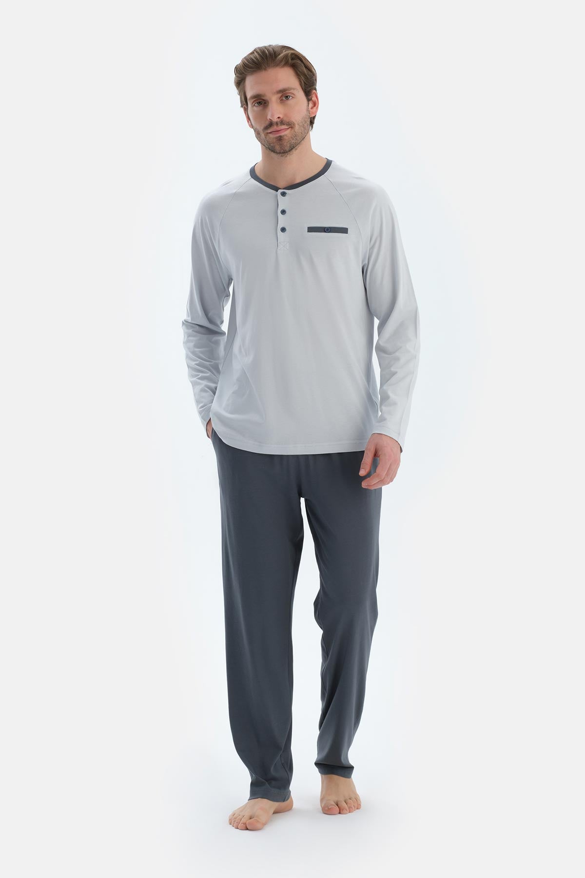 Gri Reglan Uzun Kollu Patlı Basıc Tişört Pantolon Pijama Takımı