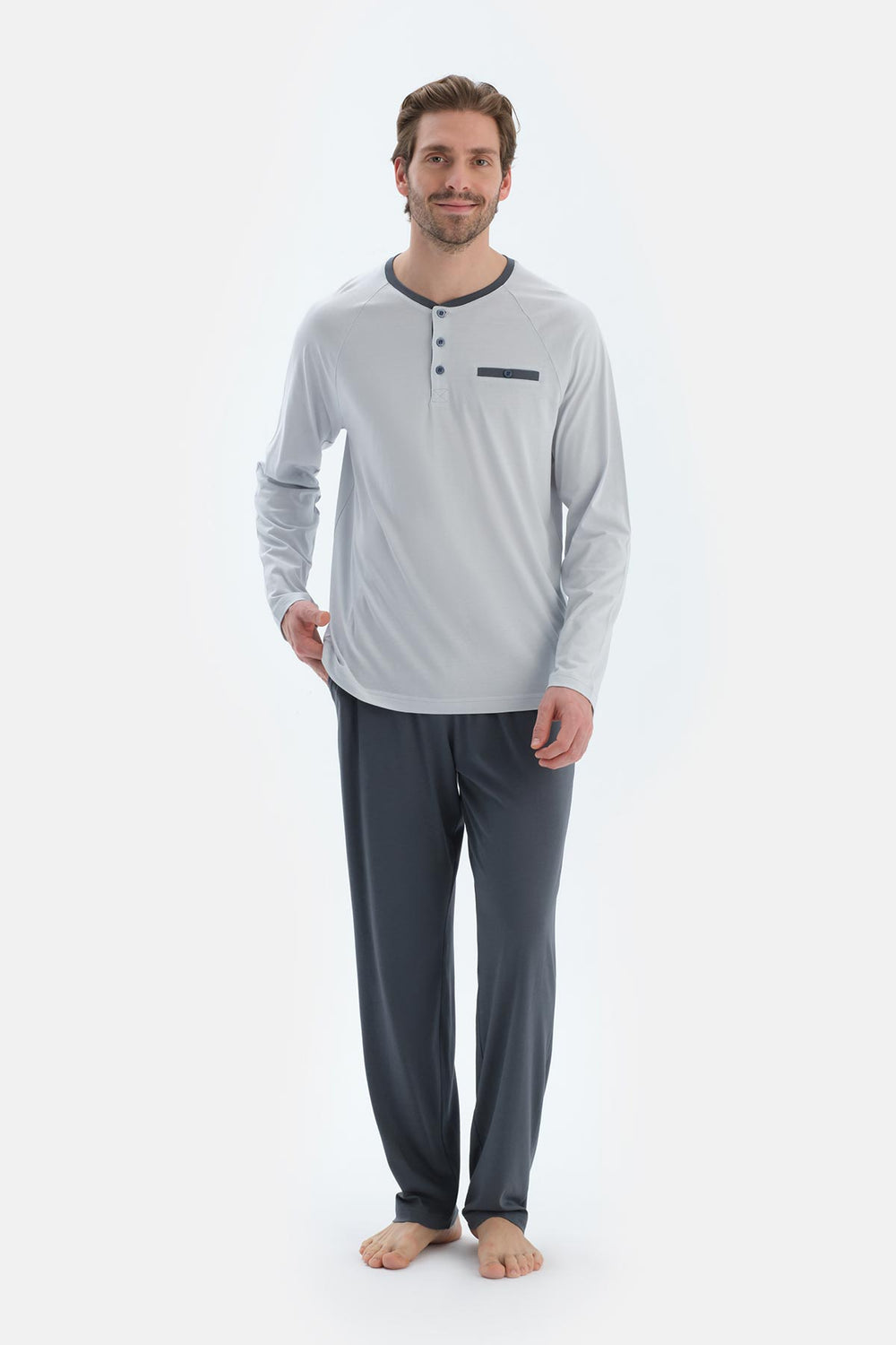 Gri Reglan Uzun Kollu Patlı Basıc Tişört Pantolon Pijama Takımı