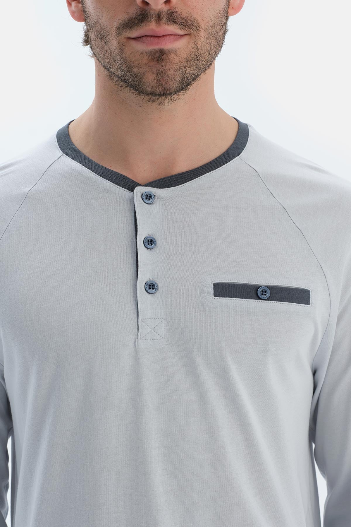 Gri Reglan Uzun Kollu Patlı Basıc Tişört Pantolon Pijama Takımı