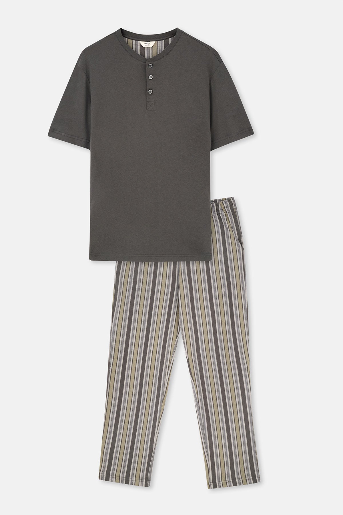 Antrasıt Kısa Kollu Yarım Patlı Tişört Pantolon Pijama Takımı