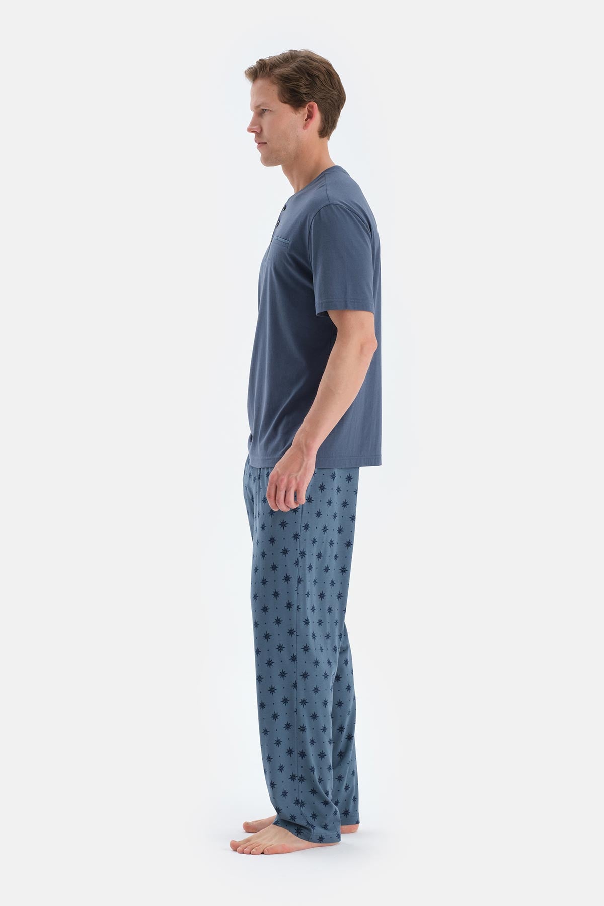 Indigo Pat Ve Fleto Cep Detaylı Tişört Pantolon Pijama Takımı