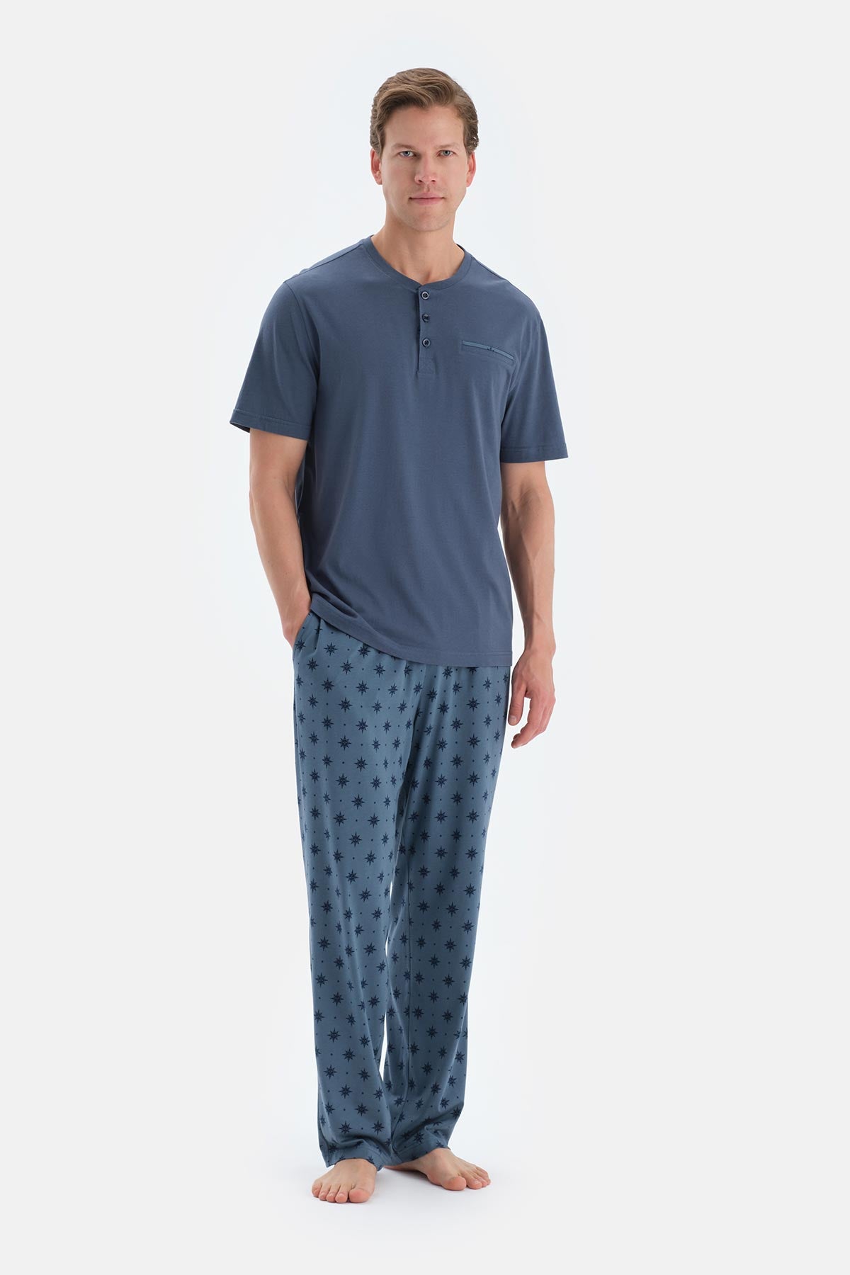 Indigo Pat Ve Fleto Cep Detaylı Tişört Pantolon Pijama Takımı