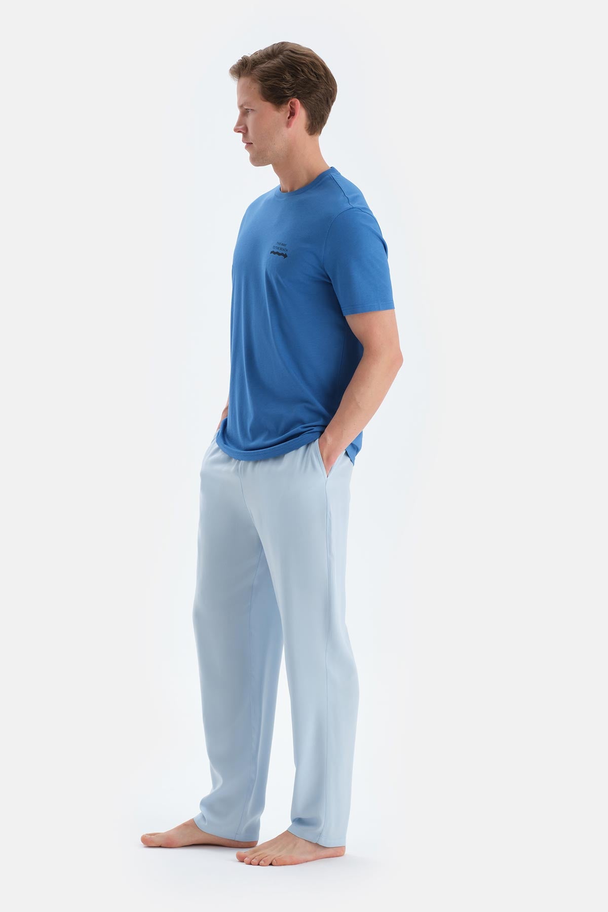 Sax Mavisi Baskı Detaylı Kısa Kollu Tişört Pantolon Pijama Takımı