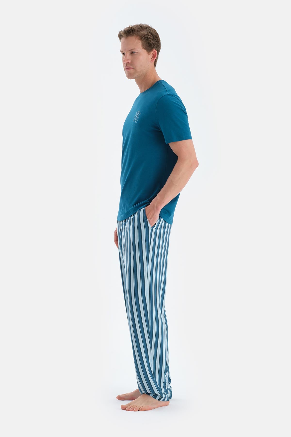Açık Petrol Baskı Detaylı Kısa Kollu Tişört Pantolon Pijama Takımı