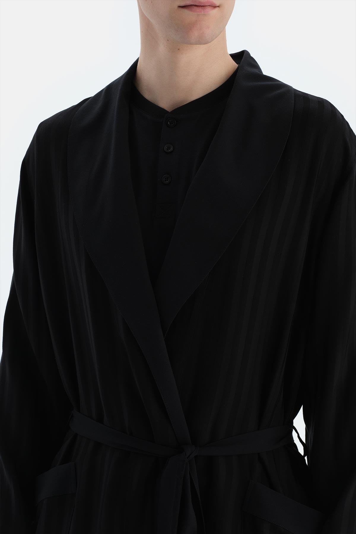 Siyah Çizgili Dokuma Groom Sabahlık