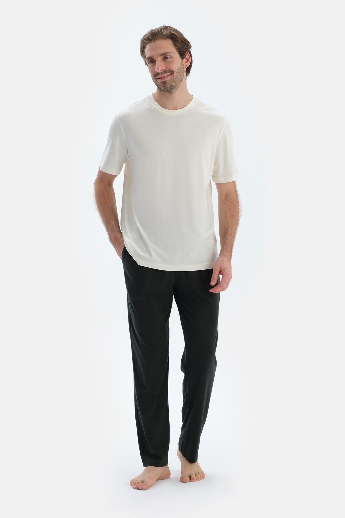 Gri-Siyah Düz Paça Dokuma Etiket Detaylı Penye Modal Ikili Pantolon