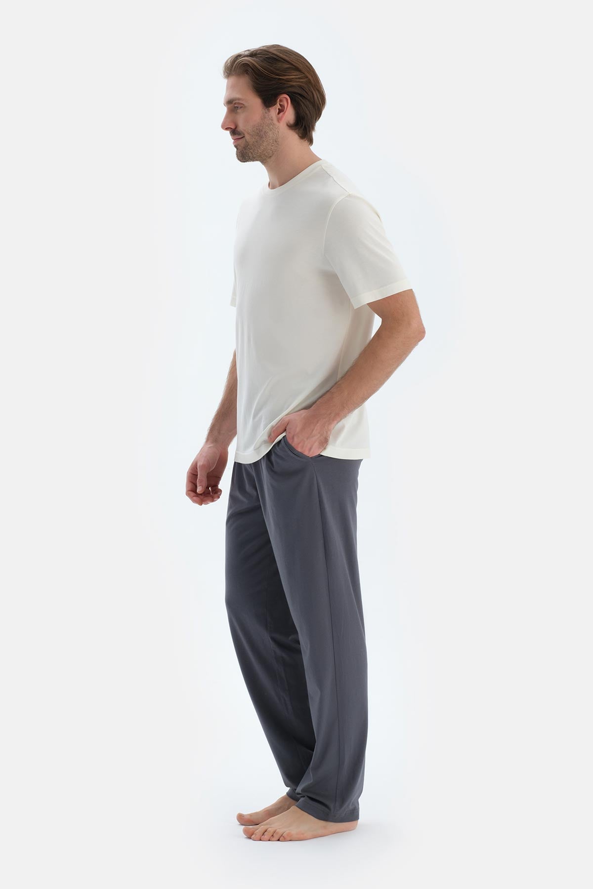 Gri-Siyah Düz Paça Dokuma Etiket Detaylı Penye Modal Ikili Pantolon