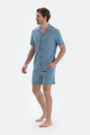 Mavi Kısa Kollu Cepli Basıc Gömlek Şort Pijama Takımı