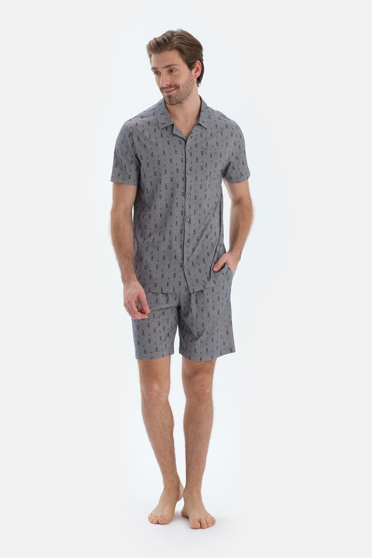 Gri Metraj Baskılı Gömlek Şort Pijama Takımı