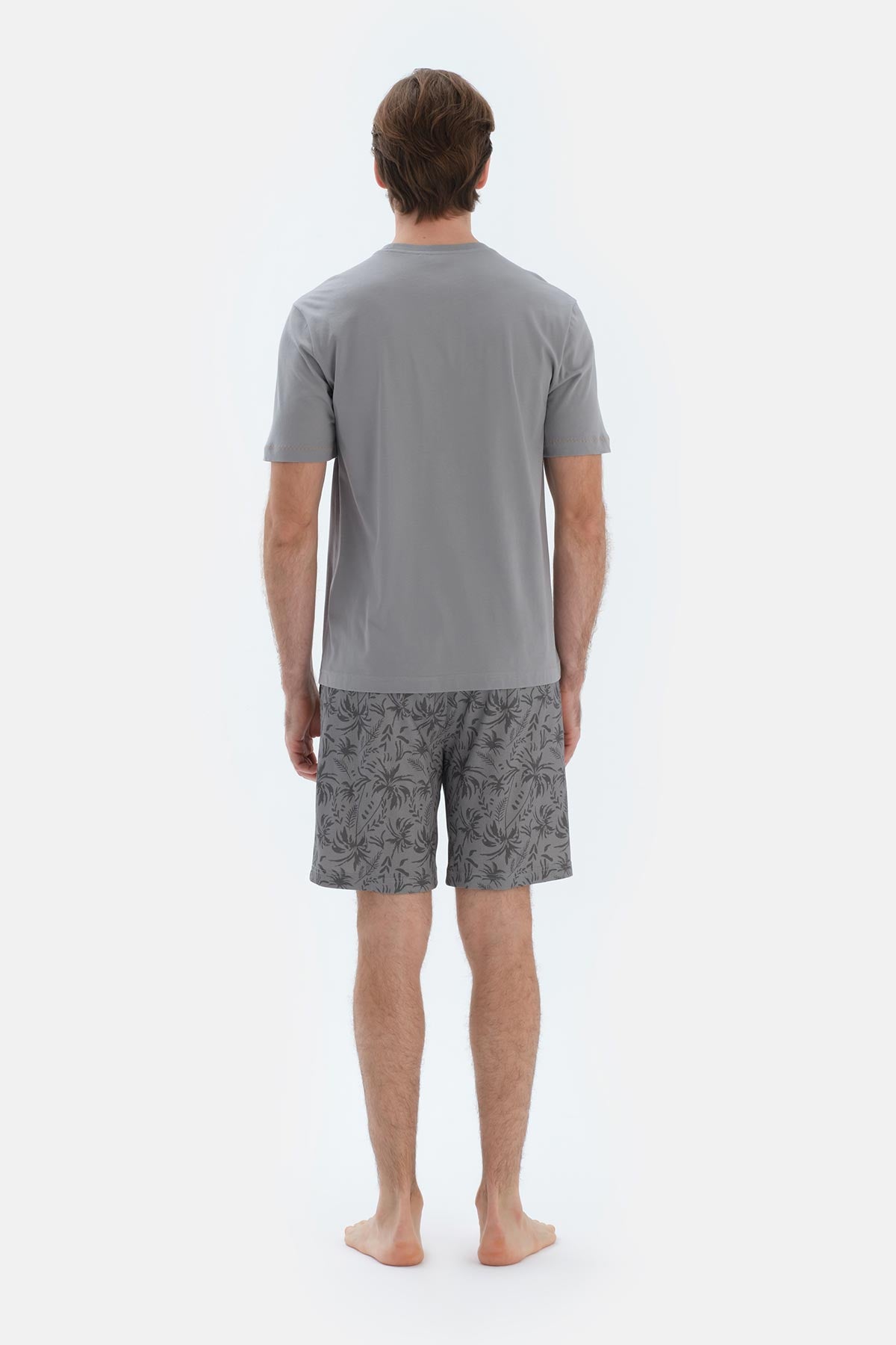 Gri Kısa Kollu Cep Detaylı Tişört Şort Pijama Takımı