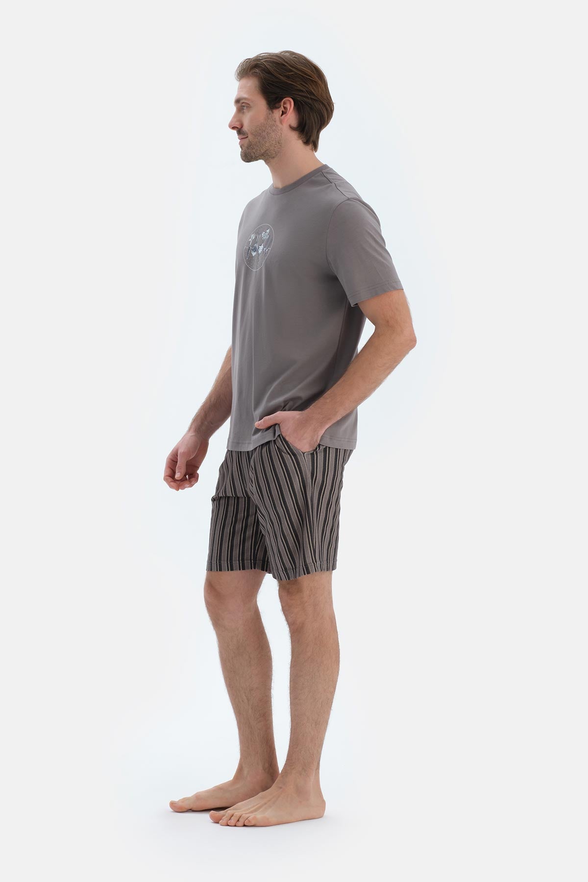 Gri Kısa Kollu Baskı Detaylı Tişört Şort Pijama Takımı