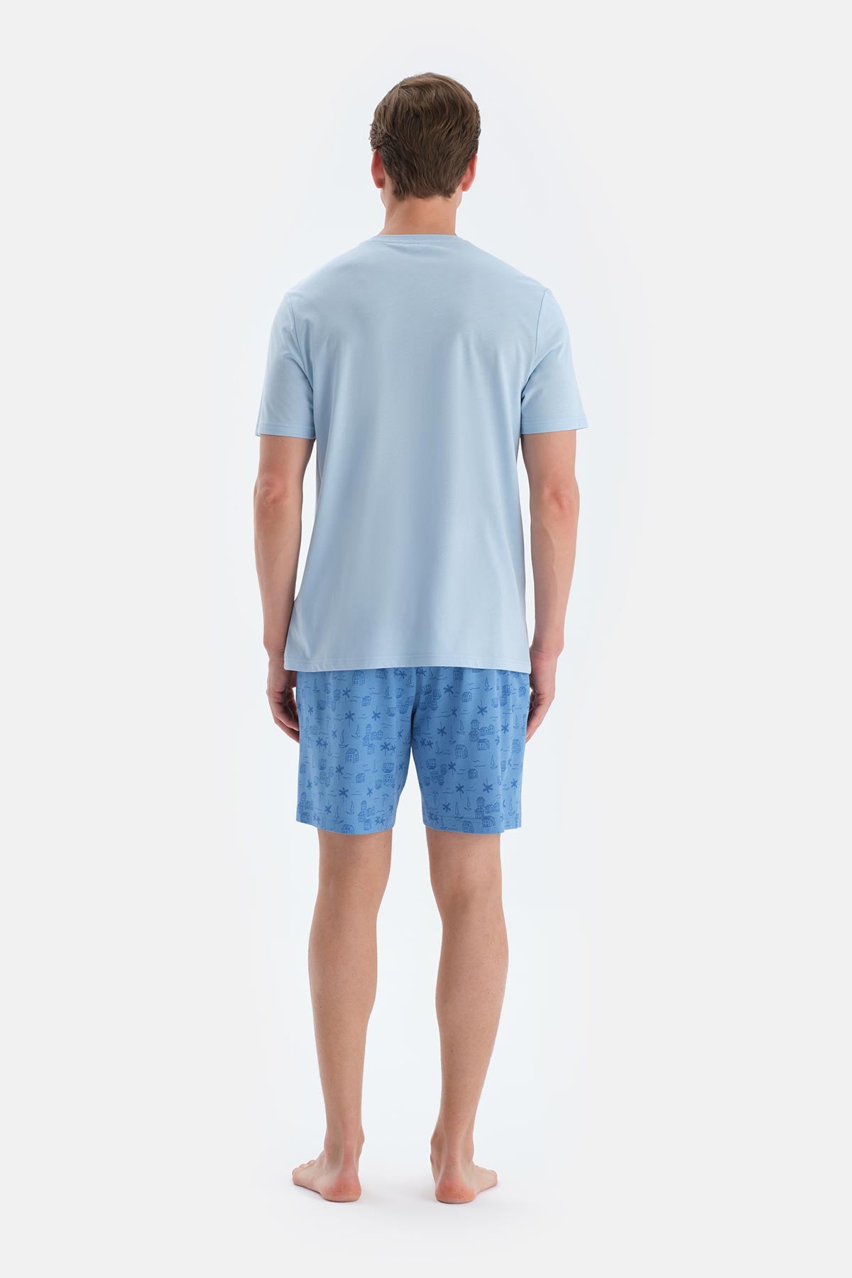 Mavi Baskı Detaylı Kısa Kollu Tişört Şort Pijama Takımı