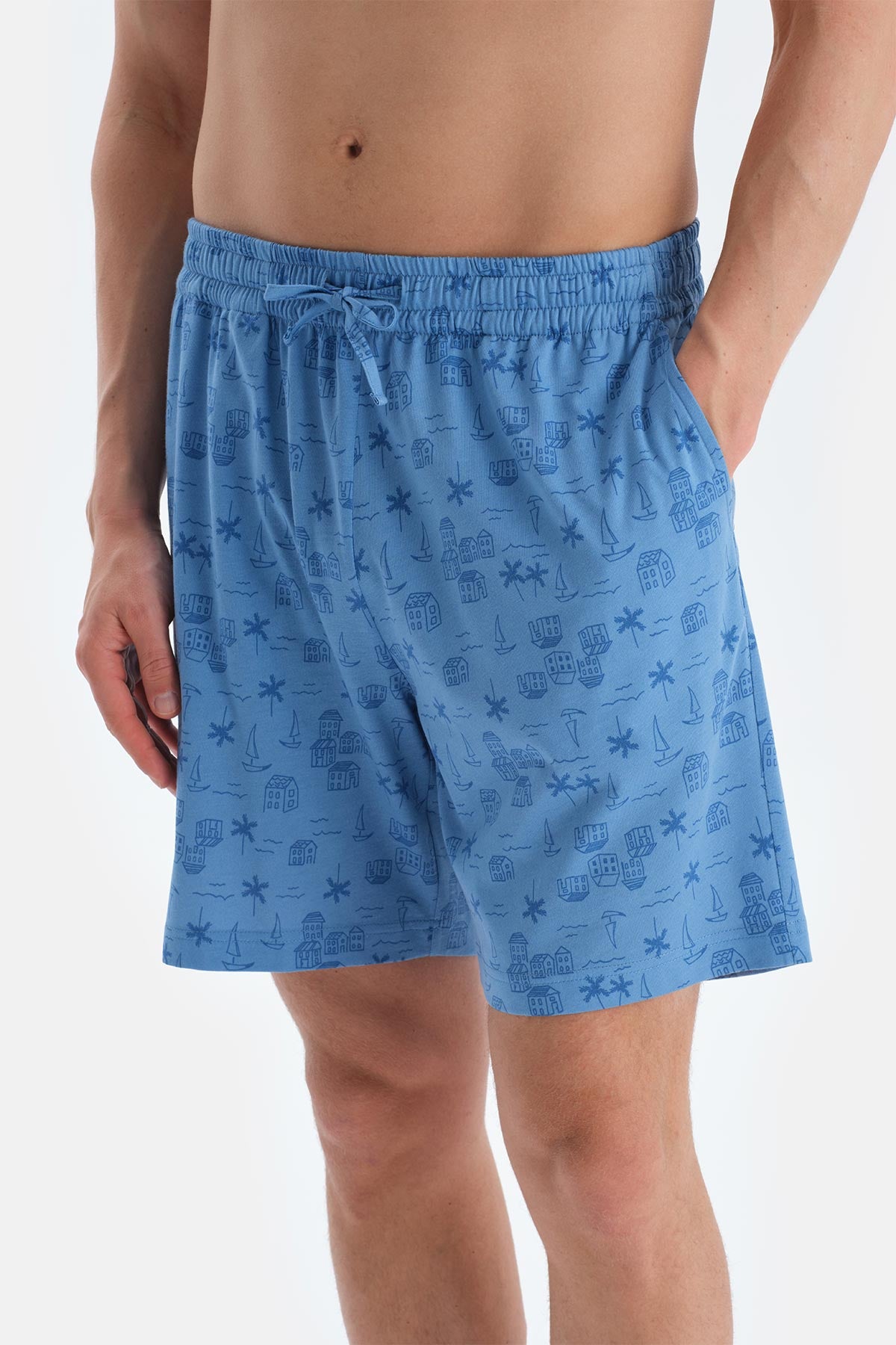 Mavi Baskı Detaylı Kısa Kollu Tişört Şort Pijama Takımı