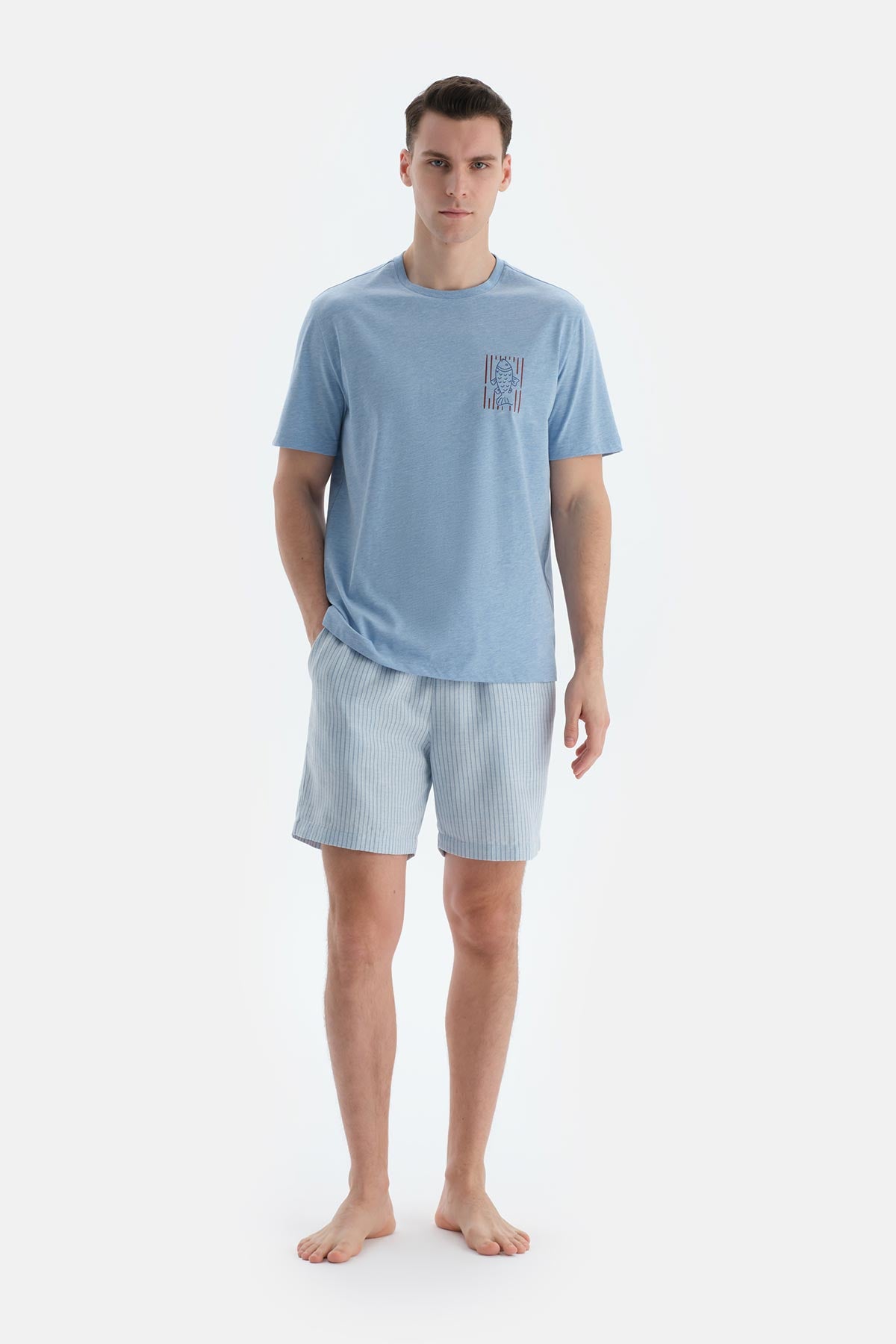 Mavi Melanj Baskı Detaylı Kısa Kollu Tişört Şort Pijama Takımı