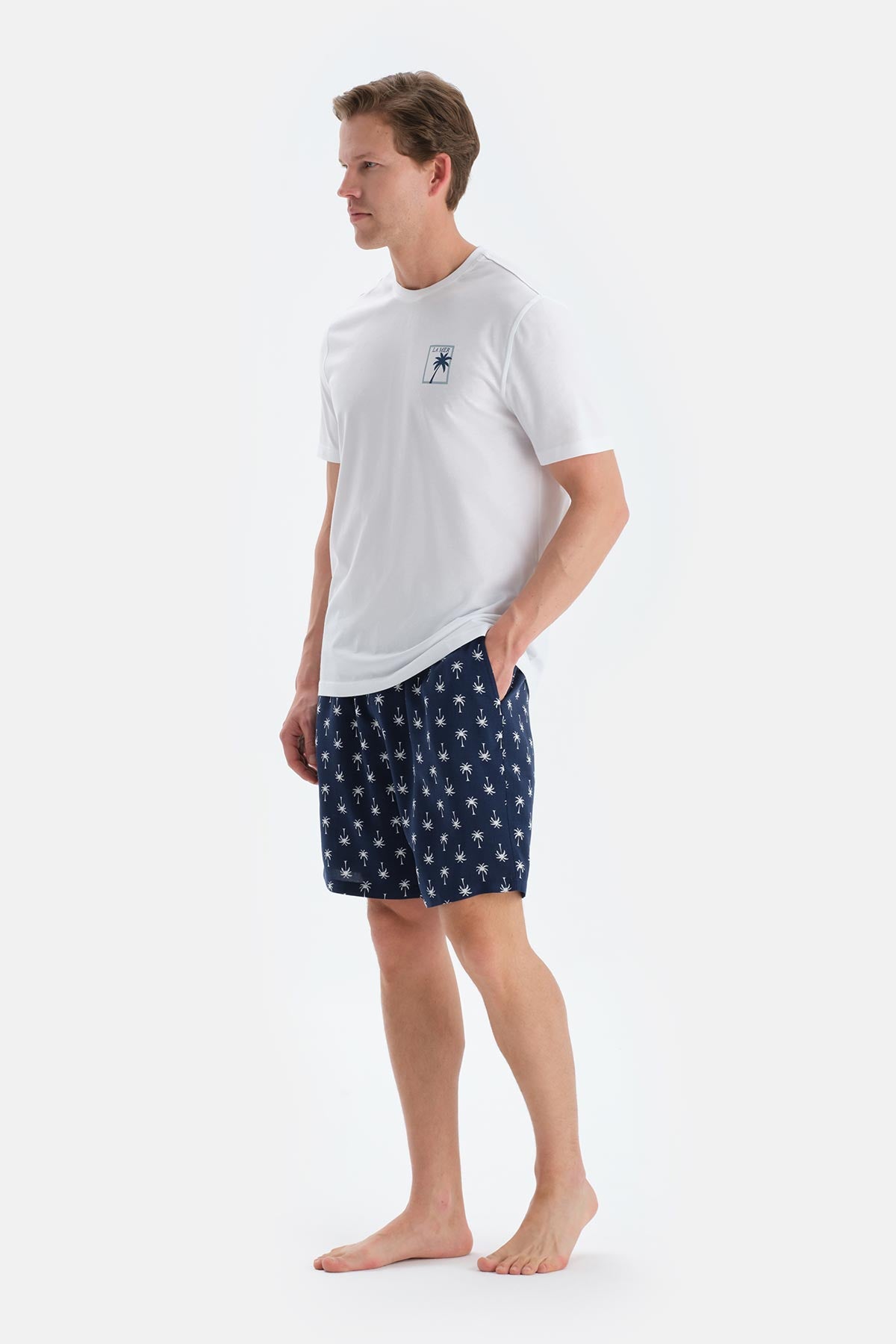 Ekru Baskı Detaylı Bisiklet Yaka Tişört Şort Pijama Takımı