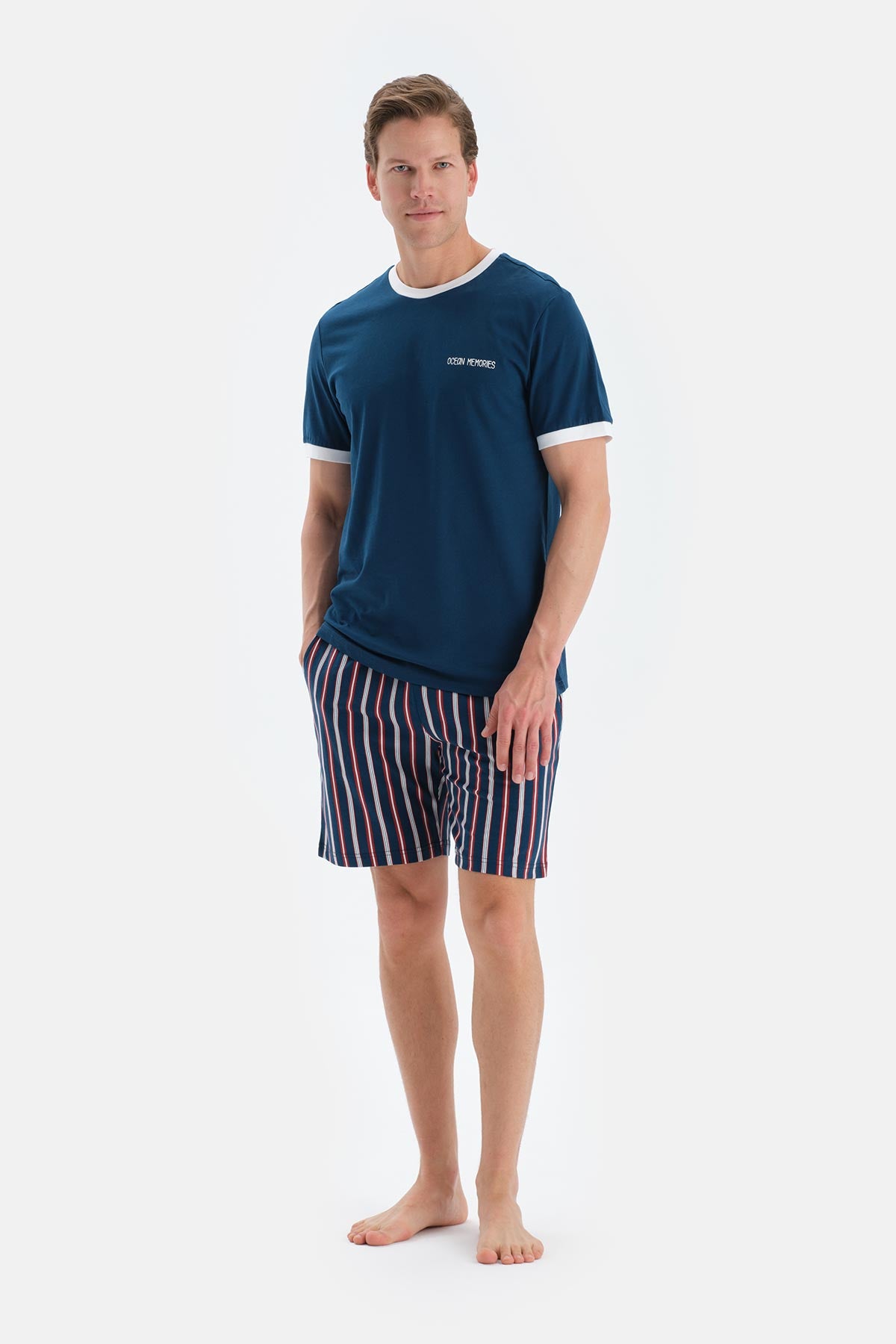 Lacivert Slogan Baskı Detaylı Kısa Kollu Tişört Şort Pijama Takımı