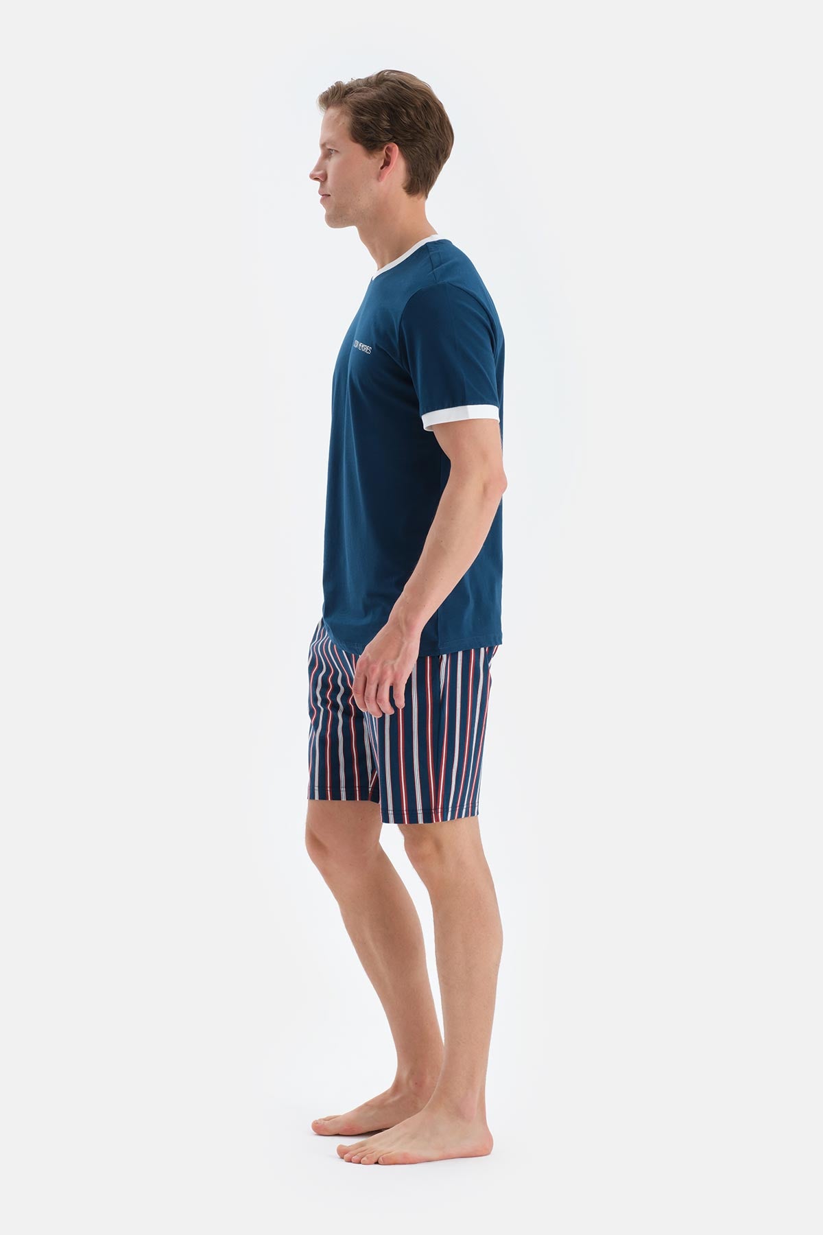 Lacivert Slogan Baskı Detaylı Kısa Kollu Tişört Şort Pijama Takımı