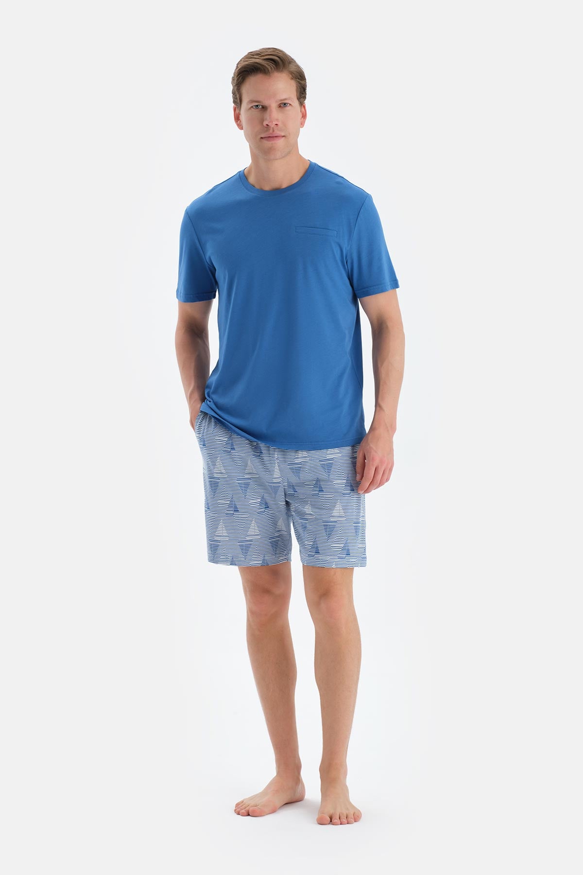 Sax Mavisi Bisiklet Yaka Kısa Kollu Tişört Şort Pijama Takımı