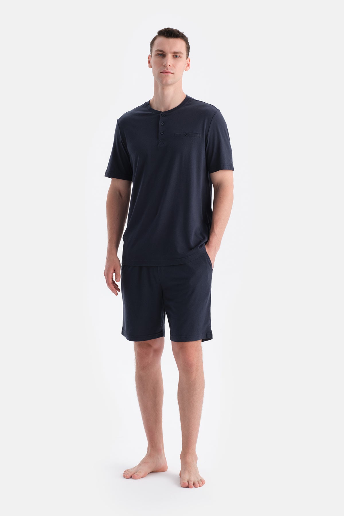 Lacivert Pat Ve Cep Detaylı Tişört Şort Takım