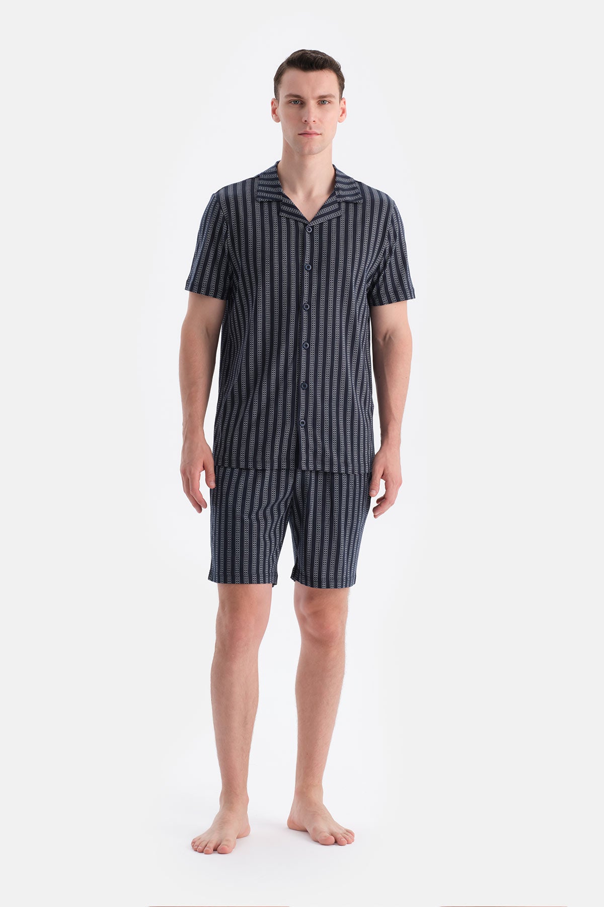 Lacivert Metraj Baskılı Kısa Kollu Gömlek Şort Takım