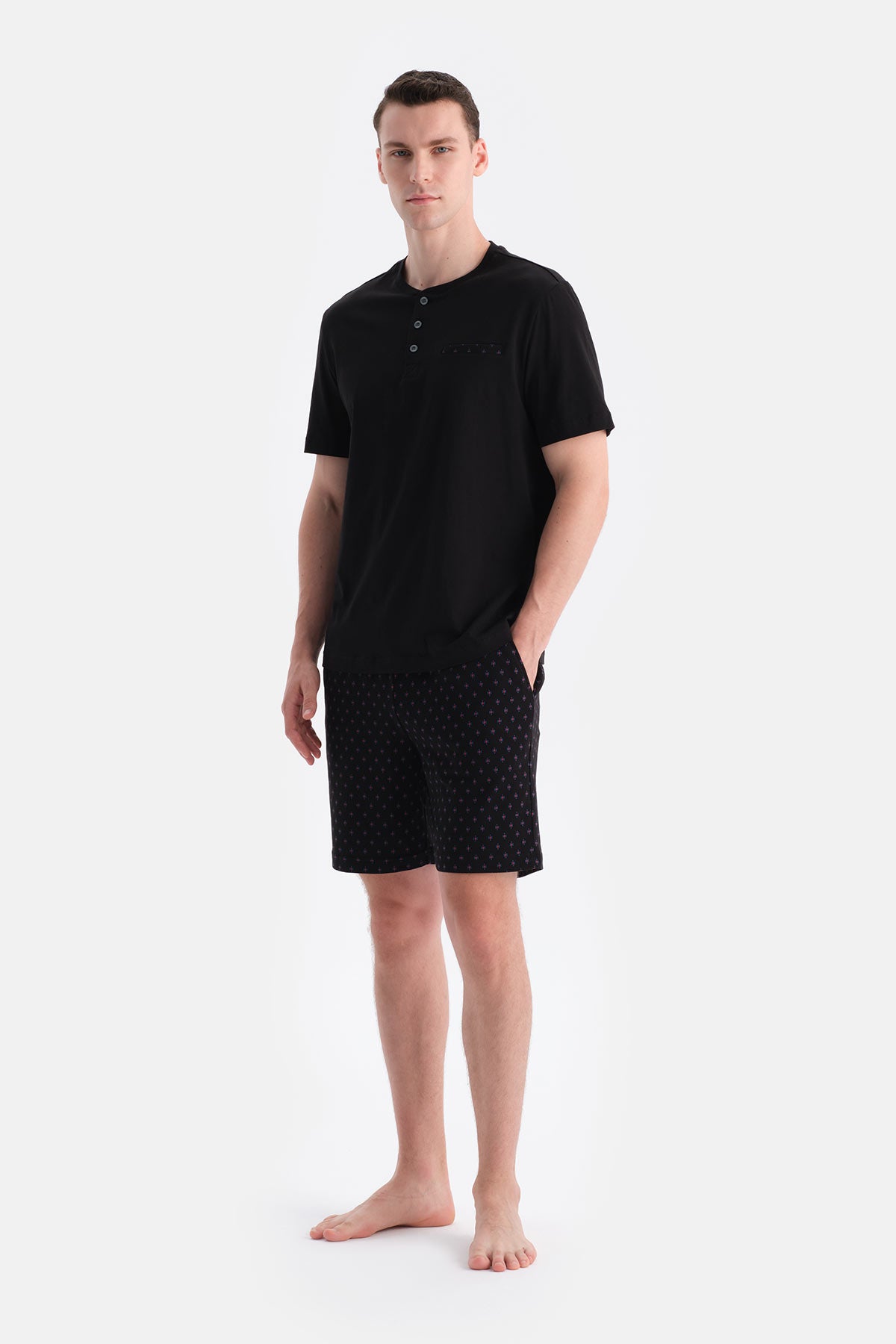 Siyah Pat Ve Cep Detaylı Tişört Şort Takım