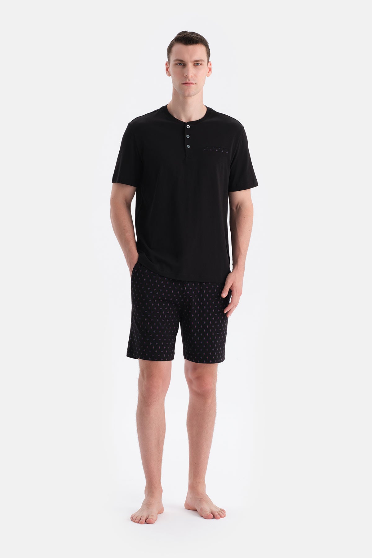 Siyah Pat Ve Cep Detaylı Tişört Şort Takım