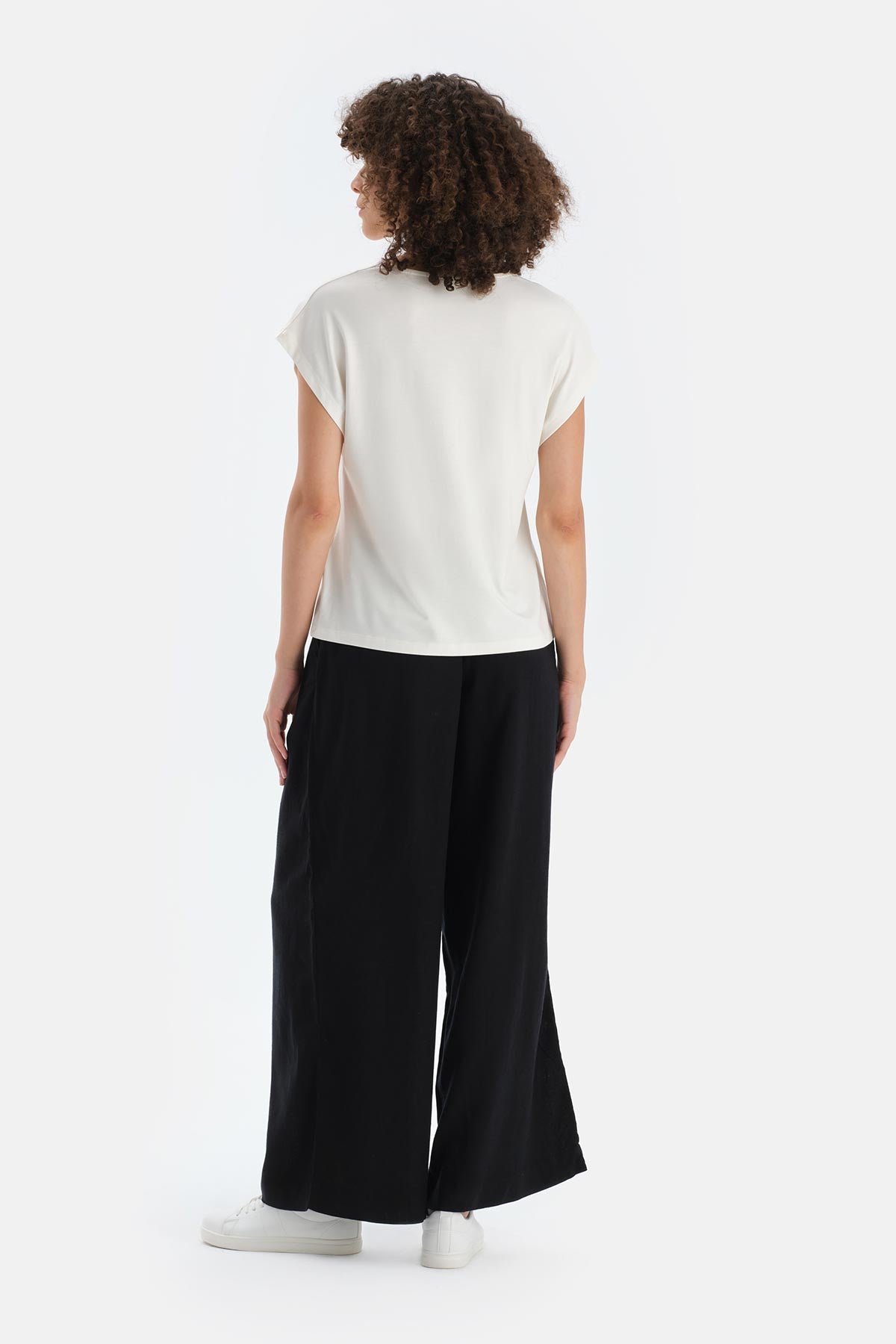 Siyah Keten Lyocell Karışımlı Dokuma Pantalon