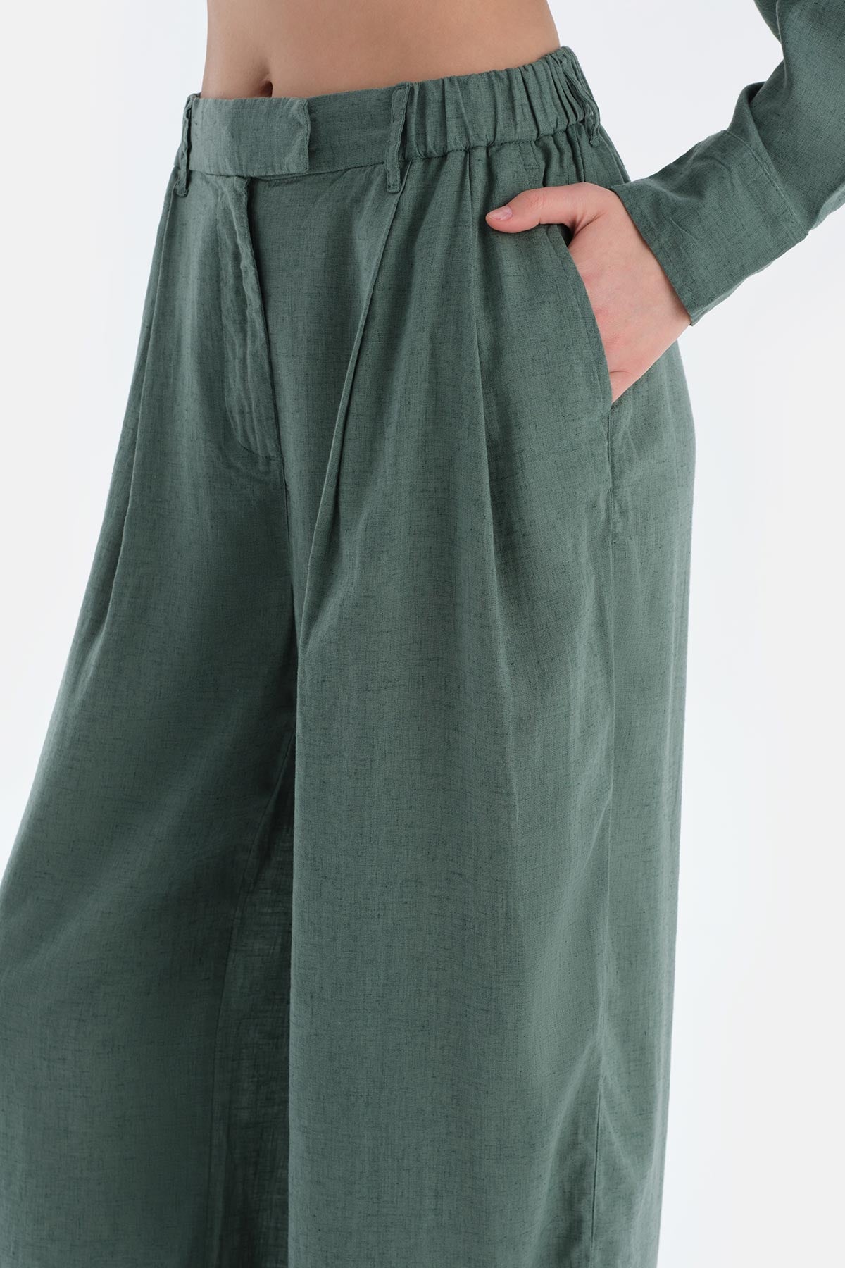 Yeşil Keten Lyocell Karışımlı Dokuma Pantalon