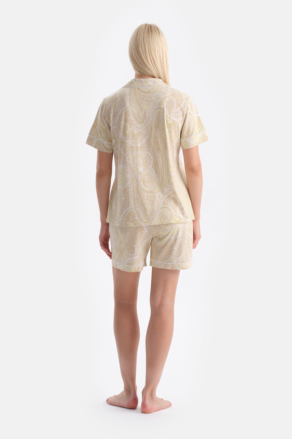 Açık Yeşil Şal Desenli Gömlek Şort Takım