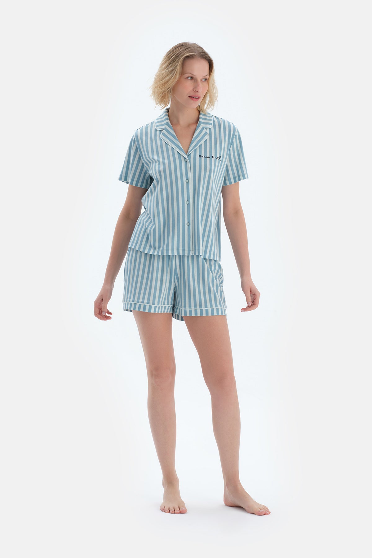 Ada Çayı Çizgi Baskılı Nakışlı Pamuk Modal Gömlek Şort Pijama Takımı