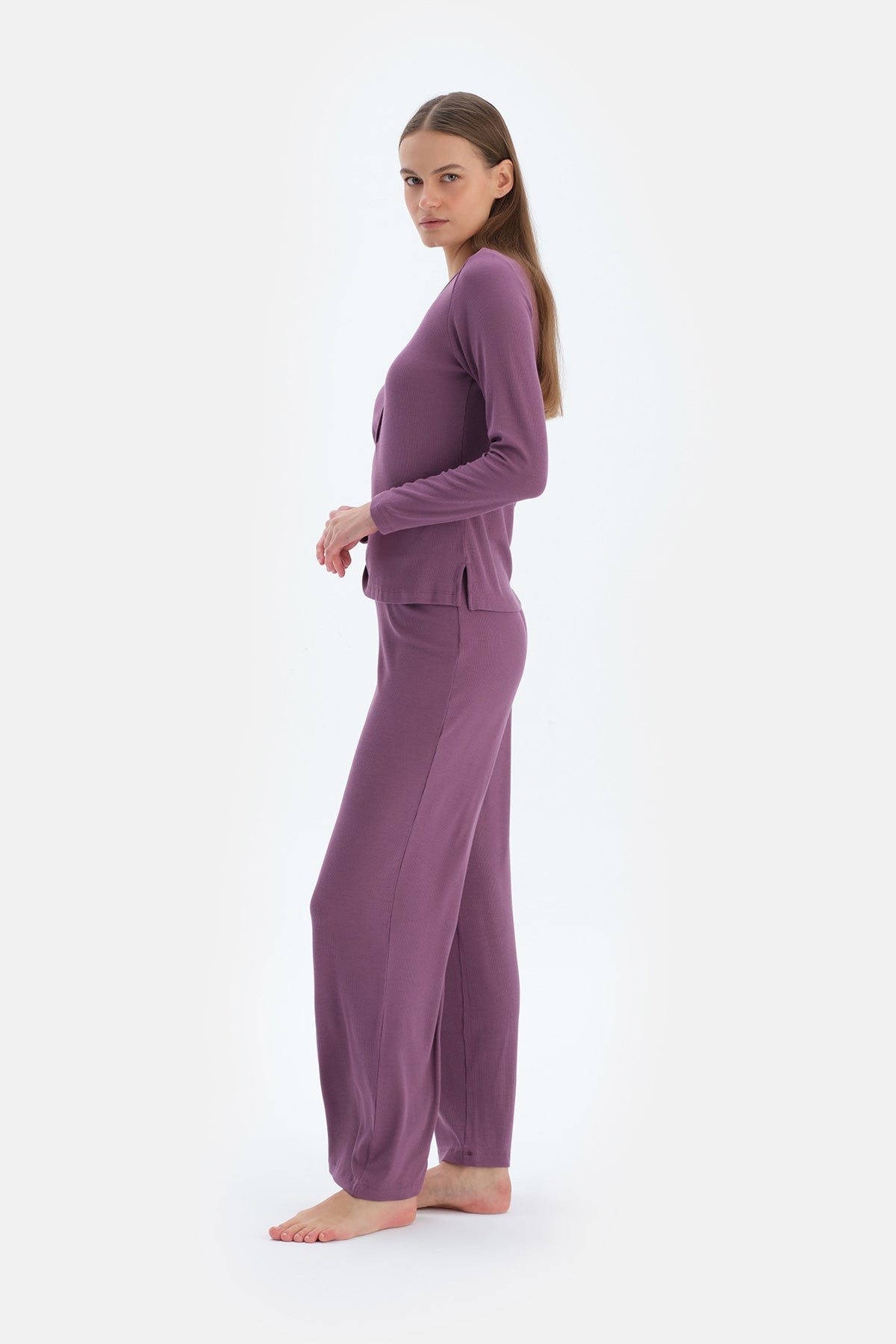 Mor V Yaka Viskon Kaşkorse Tişört Pantolon Pijama Takımı
