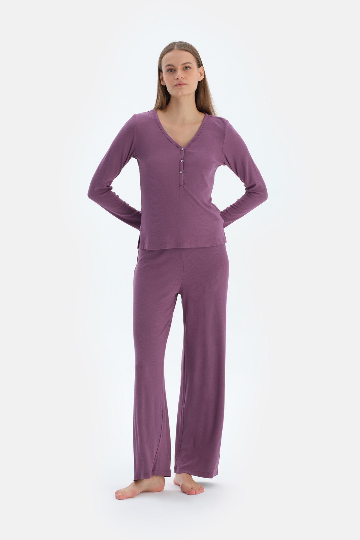 Purple LACE GARNISHED VISCOSE T-SHIRT TROUSERS PAJAMA SET