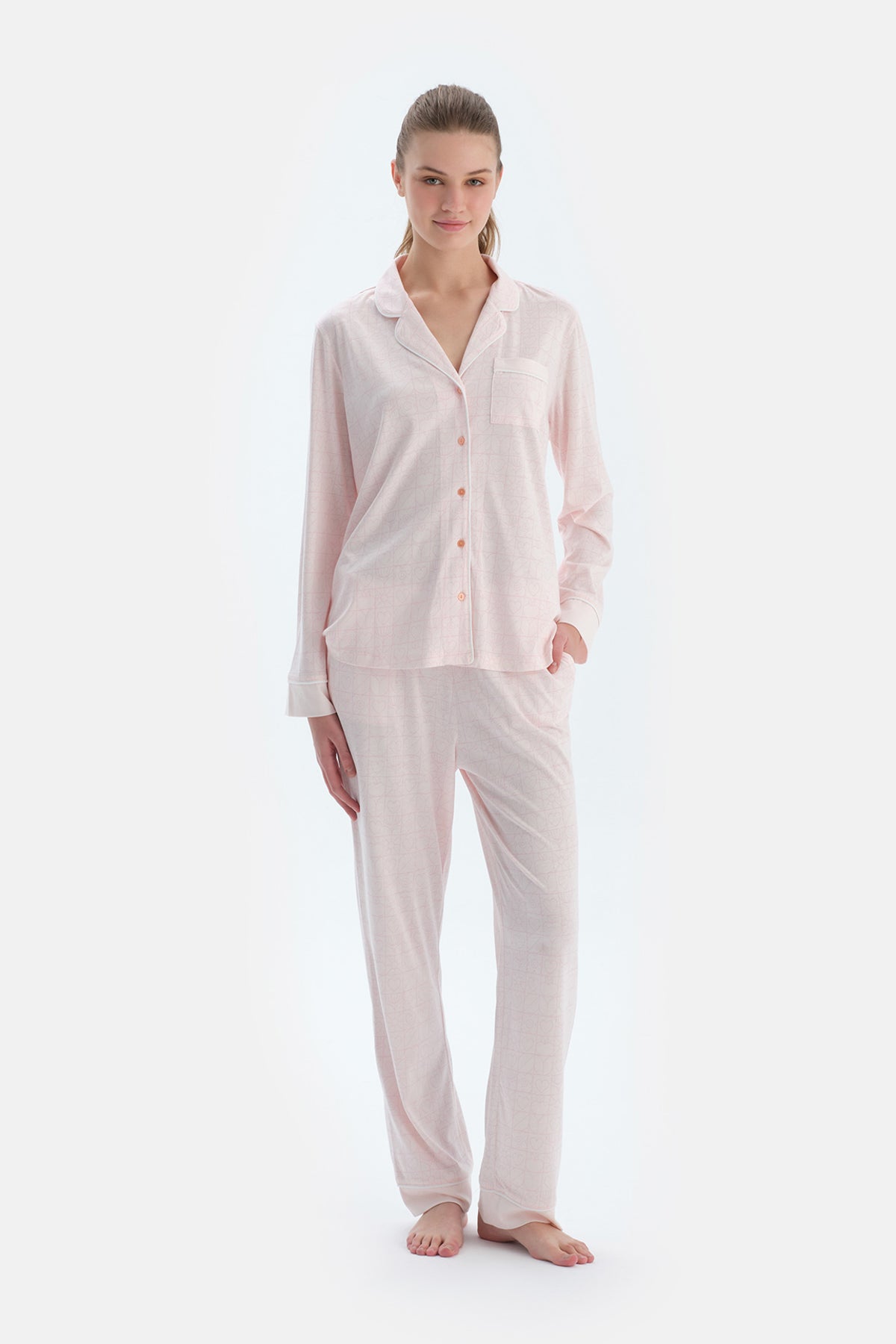 Açık Pembe Metraj Kalp Baskılı Gömlek Pantolon Pijama Takımı