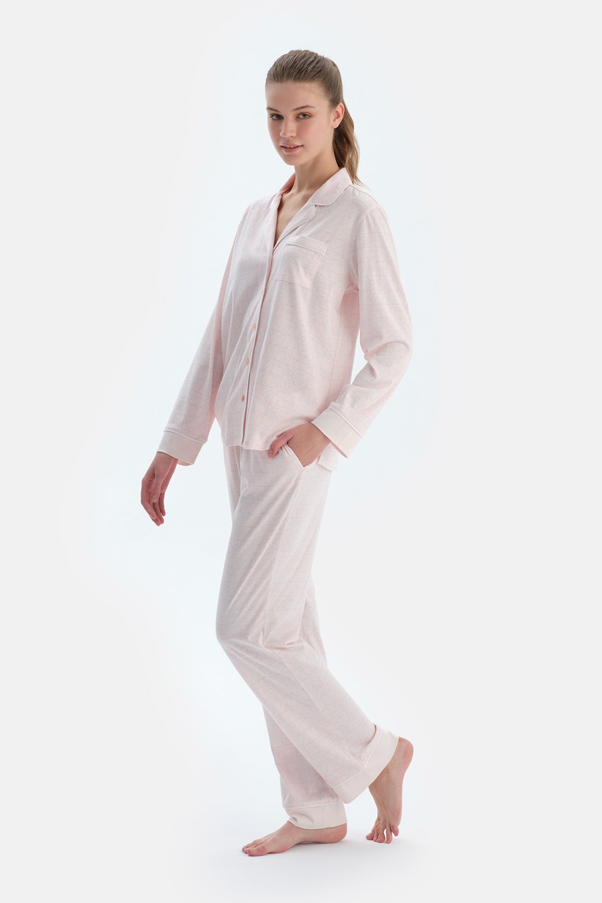 Açık Pembe Metraj Kalp Baskılı Gömlek Pantolon Pijama Takımı