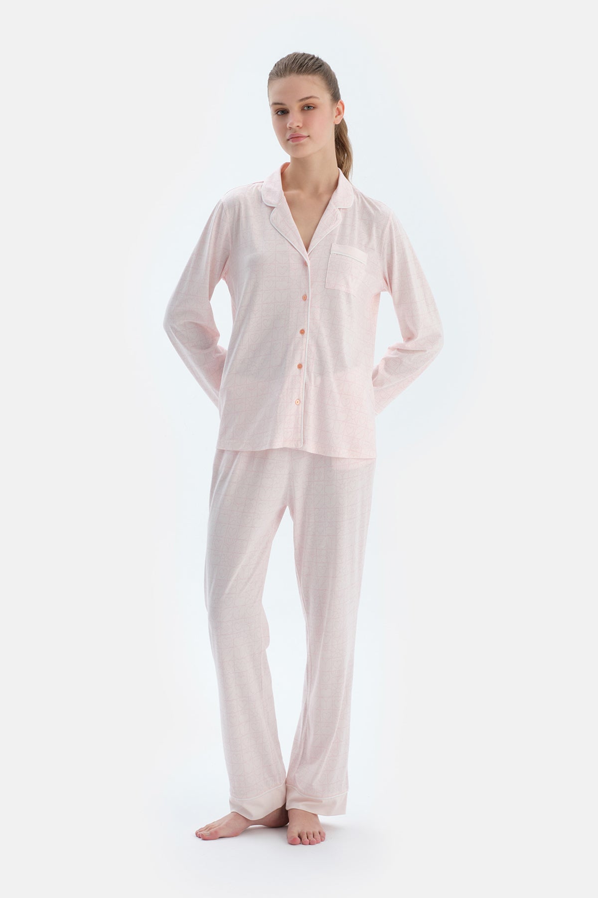 Açık Pembe Metraj Kalp Baskılı Gömlek Pantolon Pijama Takımı