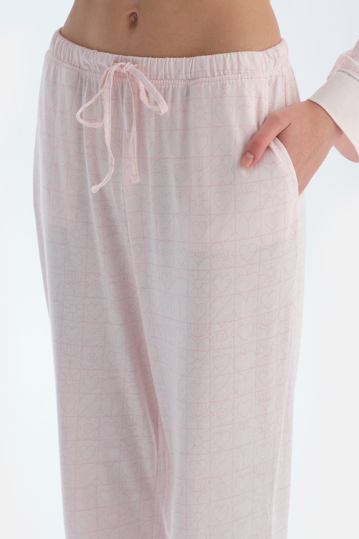 Açık Pembe Metraj Kalp Baskılı Gömlek Pantolon Pijama Takımı