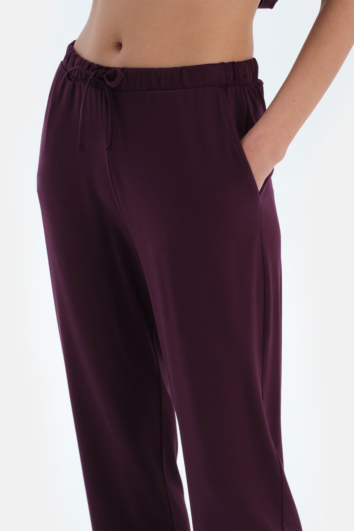 Mürdüm Nakış Ve Dantel Detaylı Gömlek Pantolon Pijama Takımı