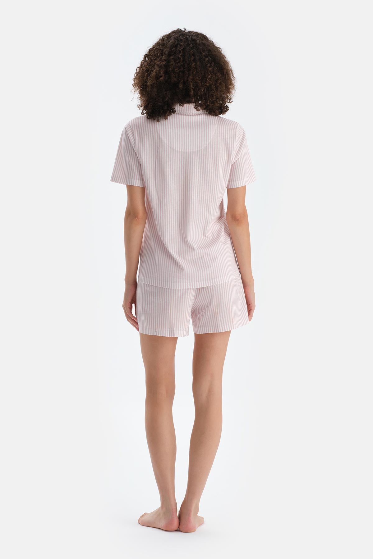 Açık Pembe Çizgili Penye Modal Gömlek Şort Pijama Takımı