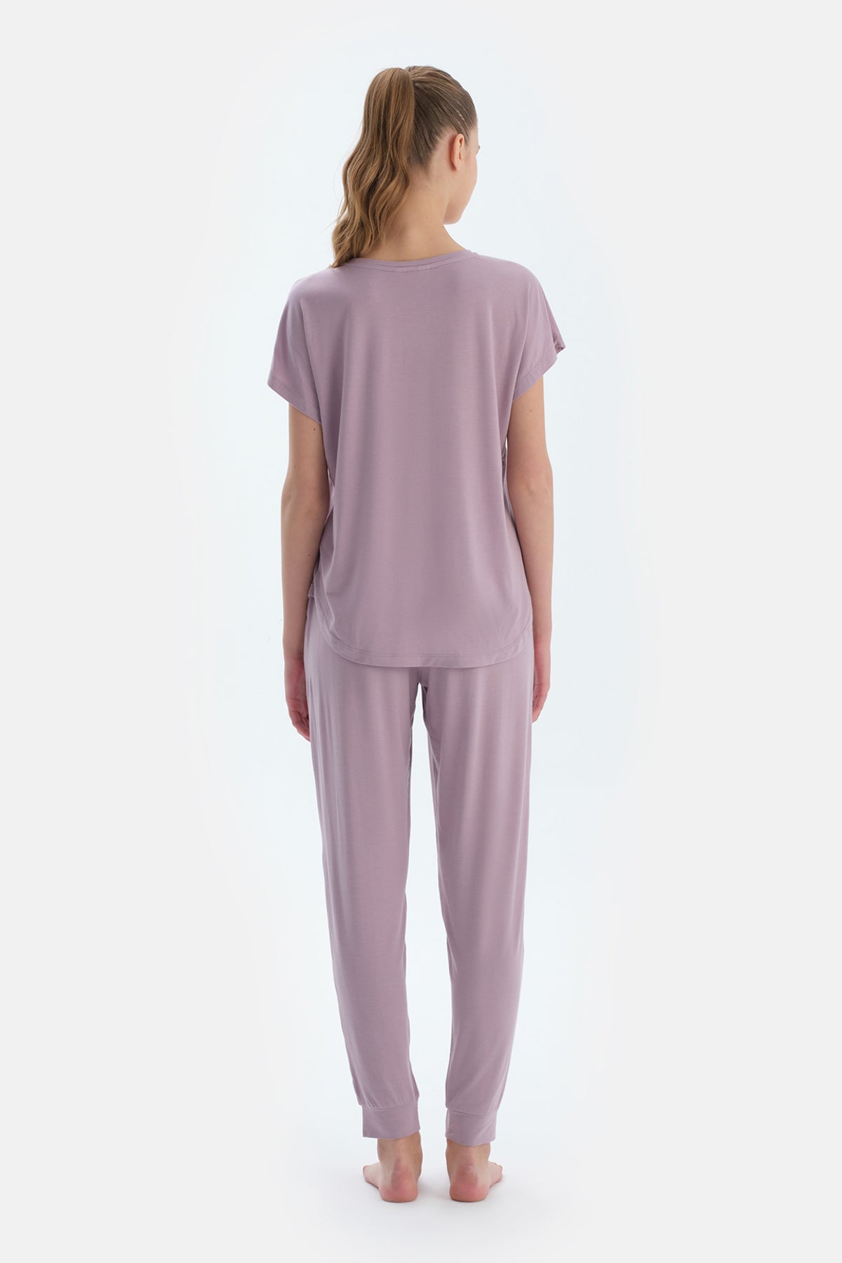 Açık Lila Düşük Kollu Modal Tişört Pantolon Pijama Takımı