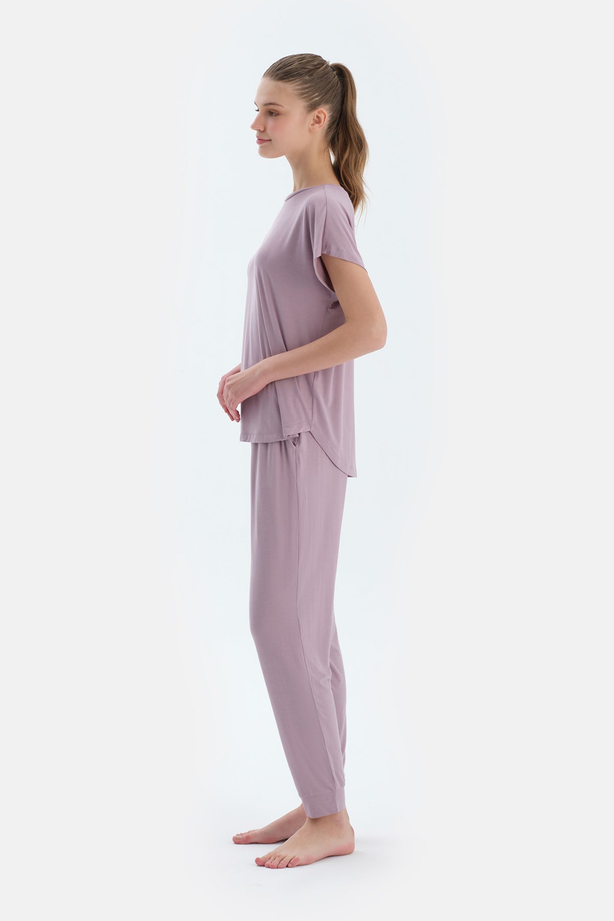Açık Lila Düşük Kollu Modal Tişört Pantolon Pijama Takımı