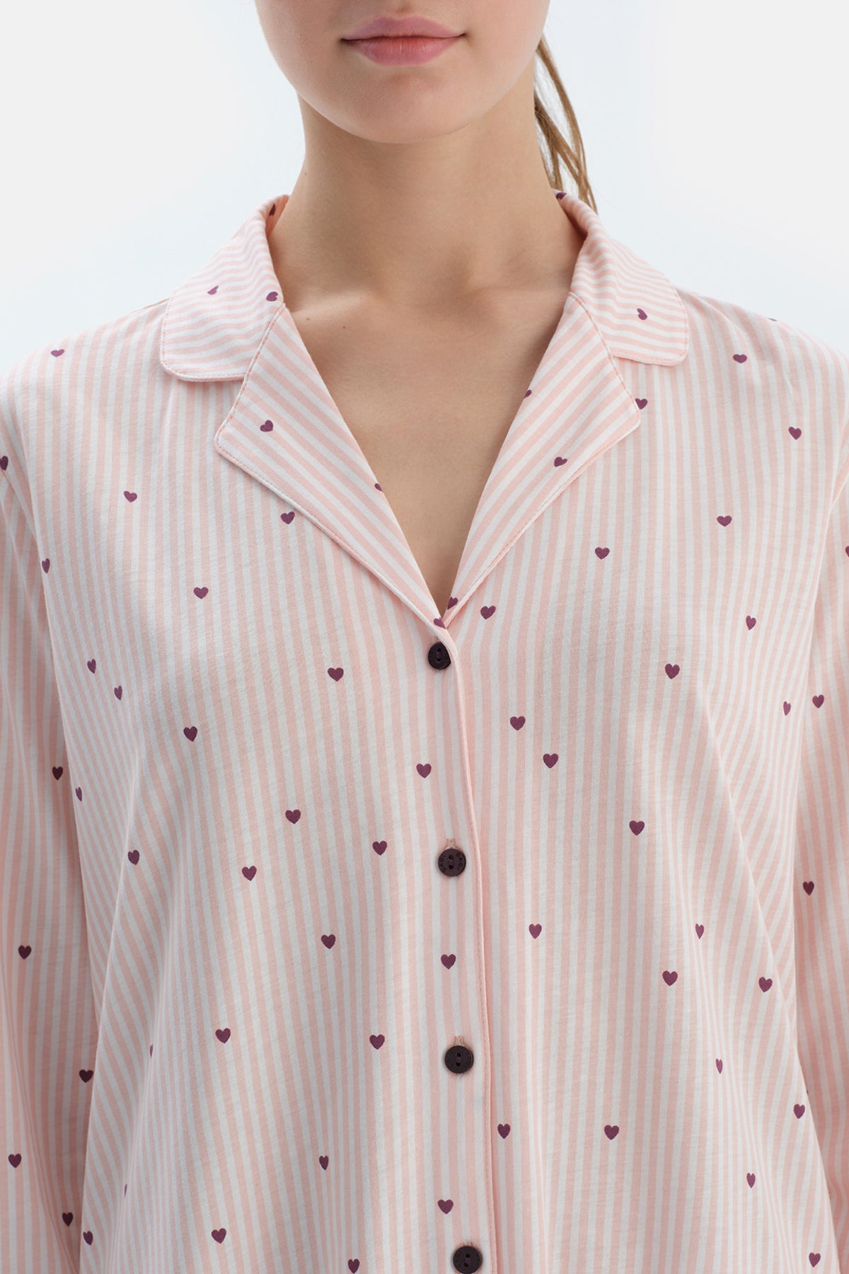 Ekru Kalp Ve Çizgi Baskılı Penye Modal Gömlek Pantolon Pijama Takımı