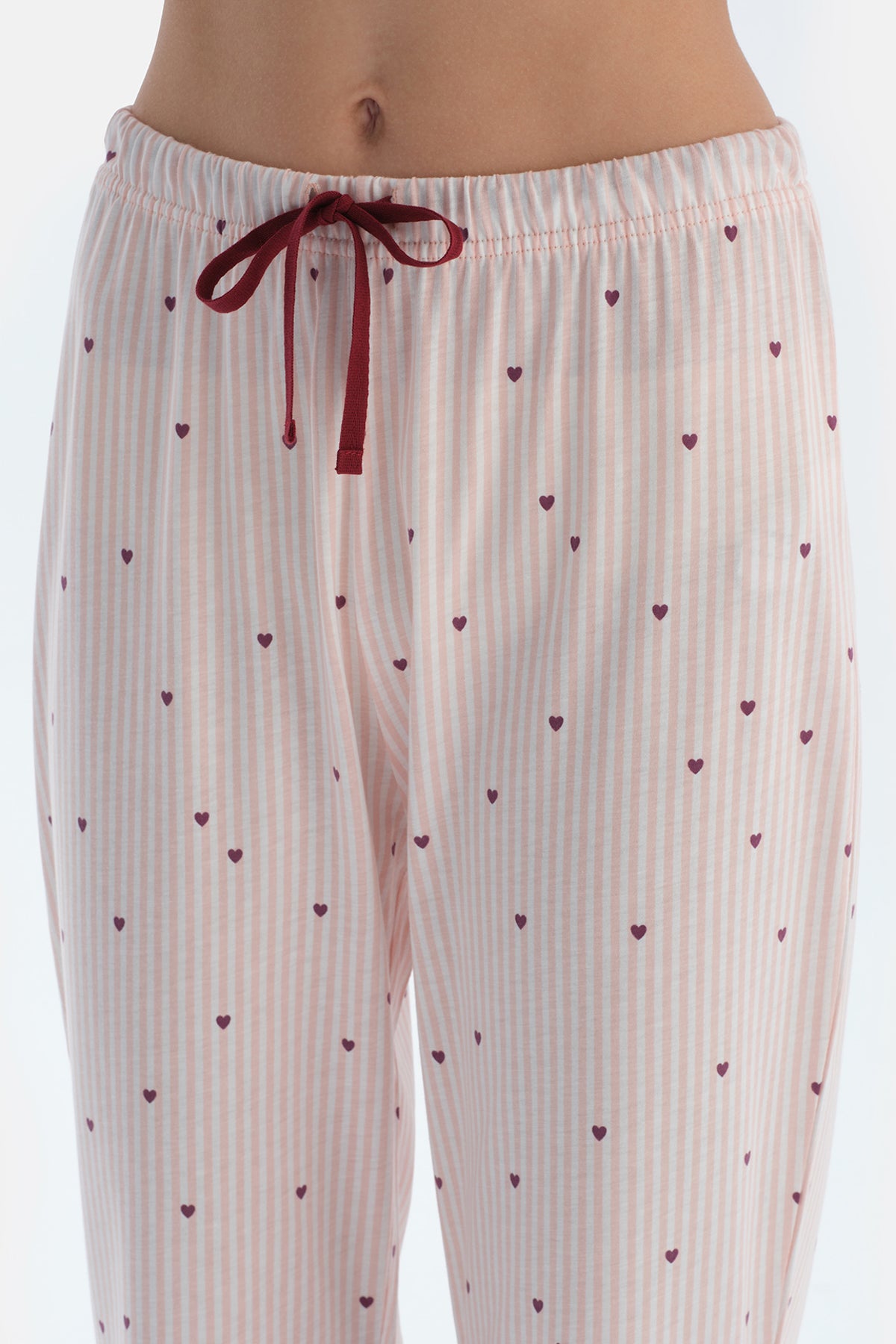 Ekru Kalp Ve Çizgi Baskılı Penye Modal Gömlek Pantolon Pijama Takımı