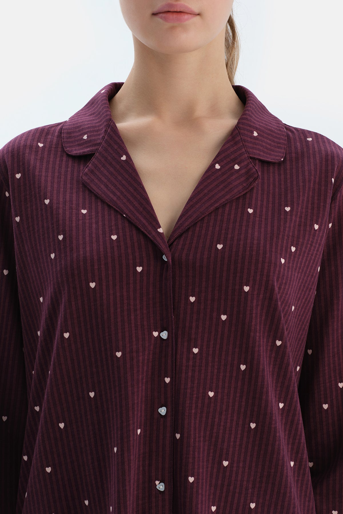 Bordo Kalp Ve Çizgi Baskılı Penye Modal Gömlek Pantolon Pijama Takımı