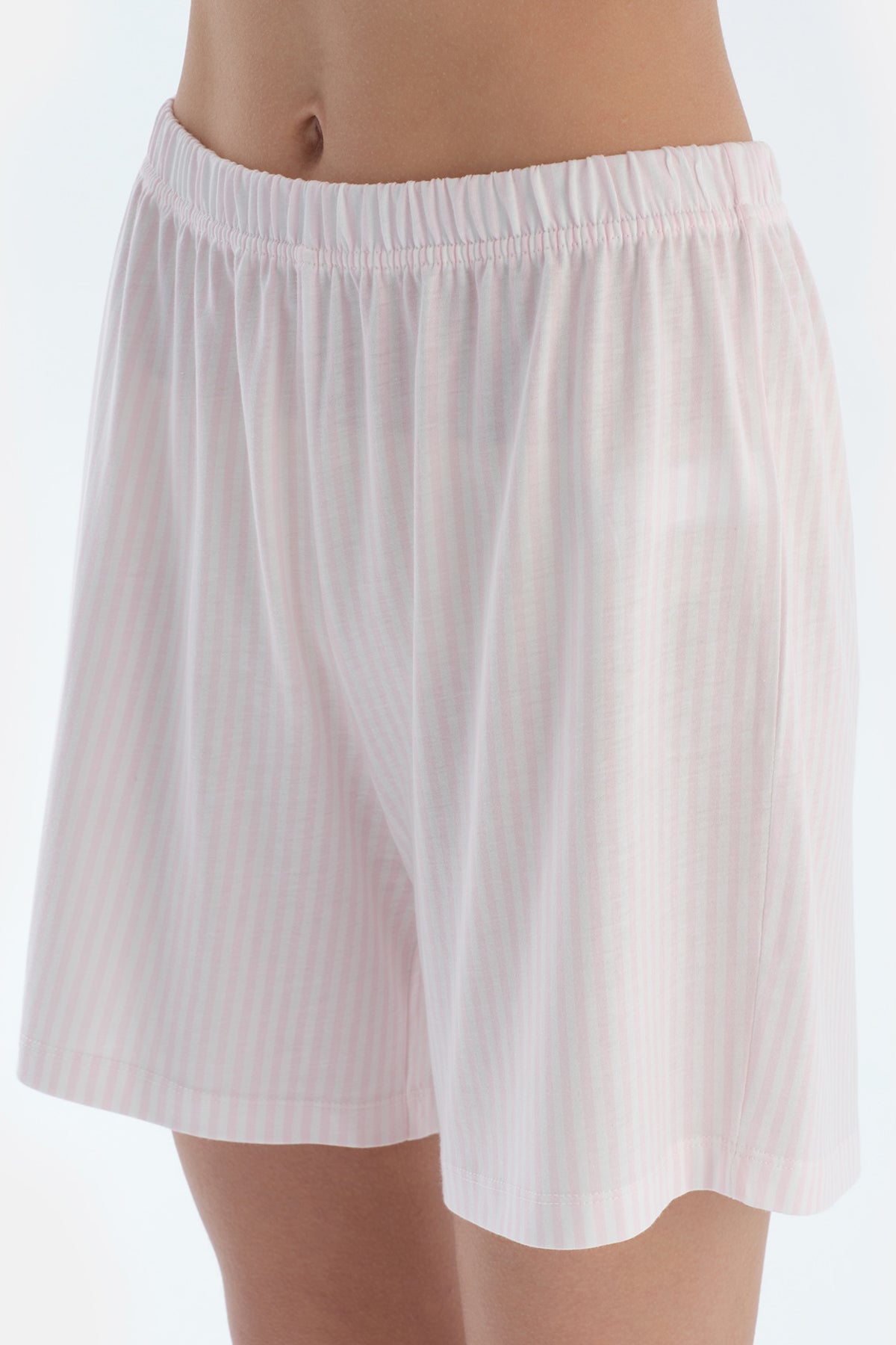 Açık Pembe Nakış Detaylı Çizgili Penye Modal Gömlek Şort Pijama Takımı