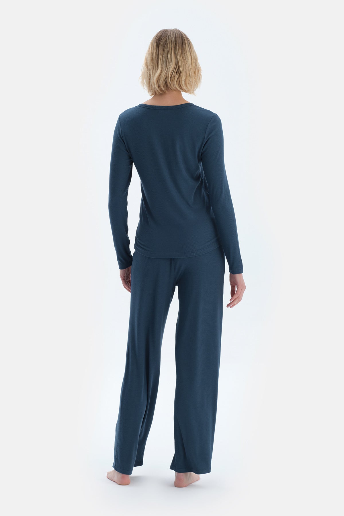 Lacivert V Yaka Viskon Kaşkorse Tişört Pantolon Pijama Takımı