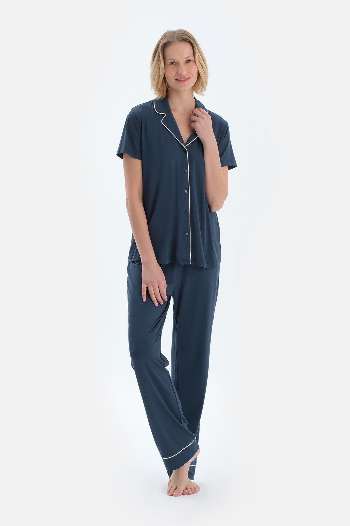 Lacivert Kısa Kollu Basıc Gömlek Pantolon Pijama Takımı