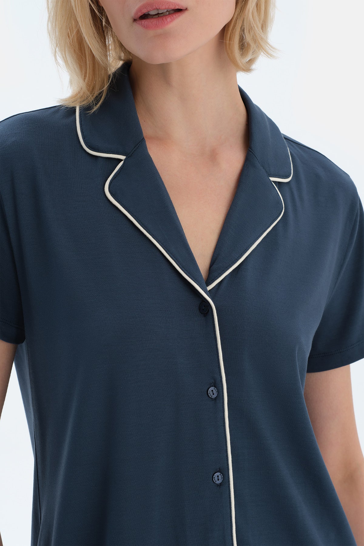 Lacivert Kısa Kollu Basıc Gömlek Pantolon Pijama Takımı