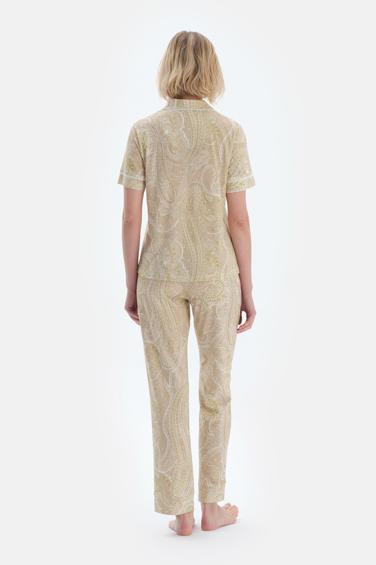 Açık Yeşil Şal Desenli Penye Modal Gömlek Pantolon Pijama Takımı